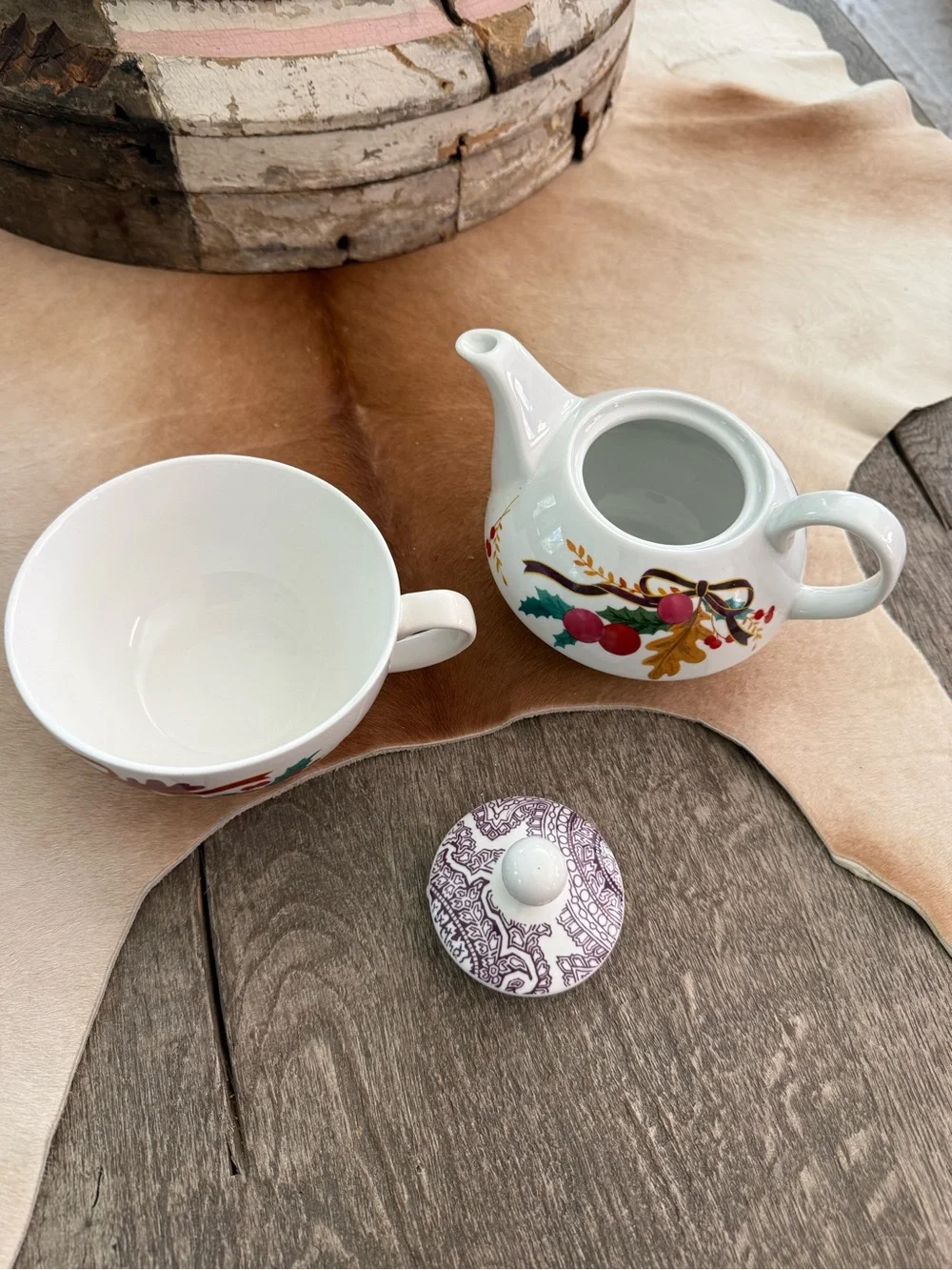 Fringe Studio White Porcelain Teapot Cup Saucer with Red Berries and Green Holly